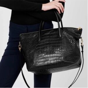 Cuyana Black Croc-Embossed Leather Zip Tote